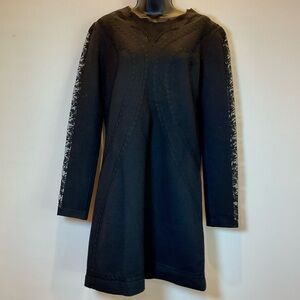 Ermanno Scervino Black Wool-Silk-Cashmere Lace Trim Long Sleeve Dress